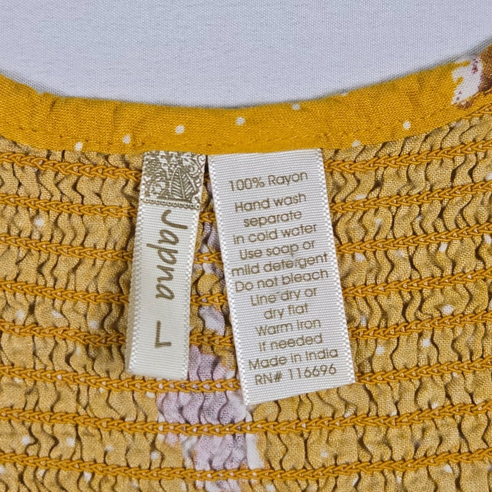 Japna Womens Smocked Floral Tank Large Mustard Yellow Boho Ruffle Peasant Top - Picture 5 of 8